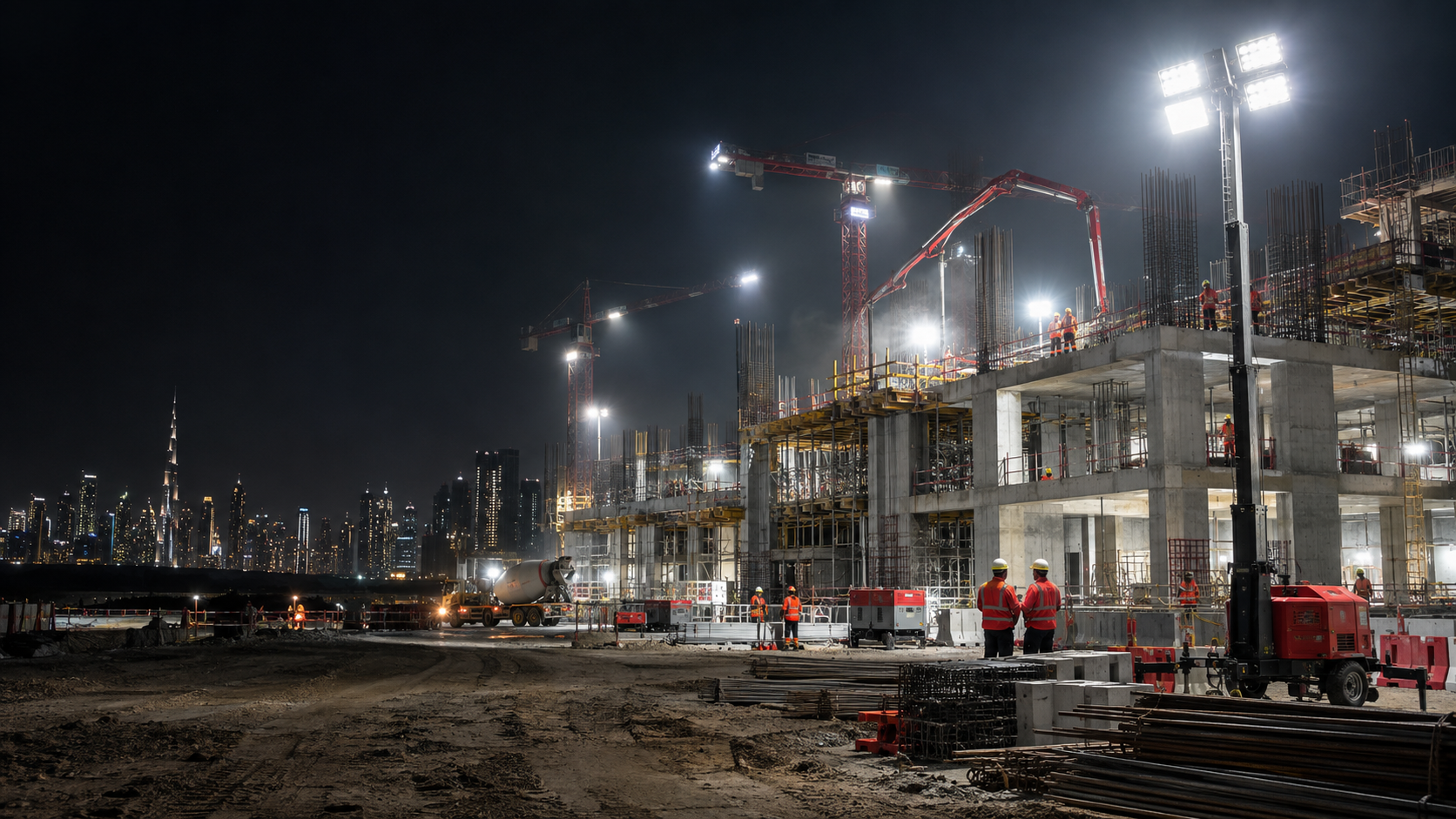 Construction site illuminated by high-output LED work lights at night
